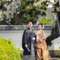 八重桜と白壁を背景に和装婚礼写真