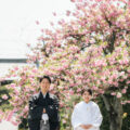 妙蓮寺境内にて。八重桜を背景にウェルカムボード用のお写真を撮影。 境内にて(季節:春)