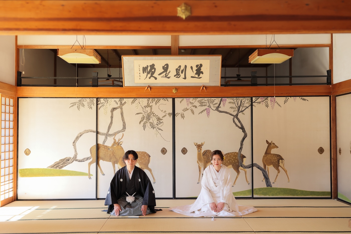 鹿の襖絵前での正座のお写真