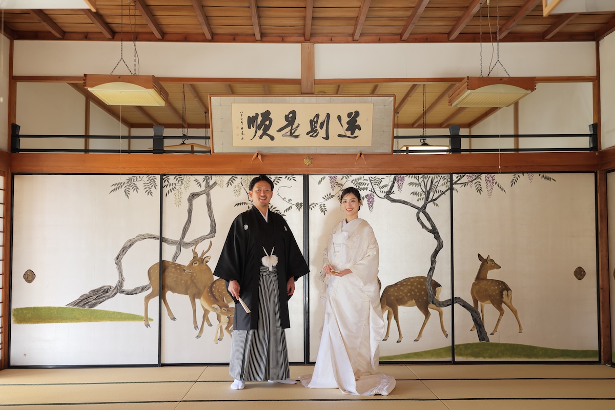 鹿の襖絵前で特別撮影
