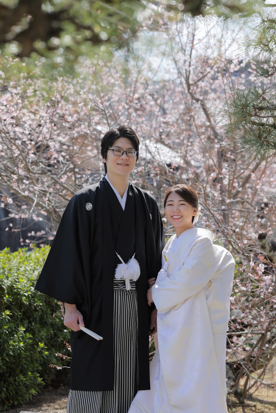 冬に咲く桜の前で腕組みする和装フォト