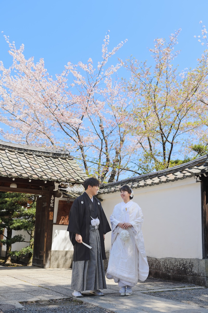 桜と青空とお寺を背景にした京都での白無垢フォト