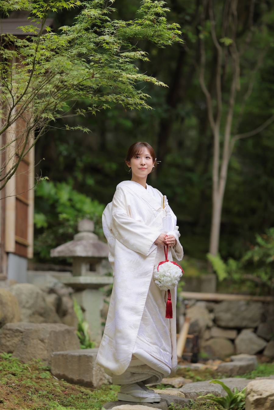 京都長楽寺の相阿弥作庭園での白無垢姿の花嫁様