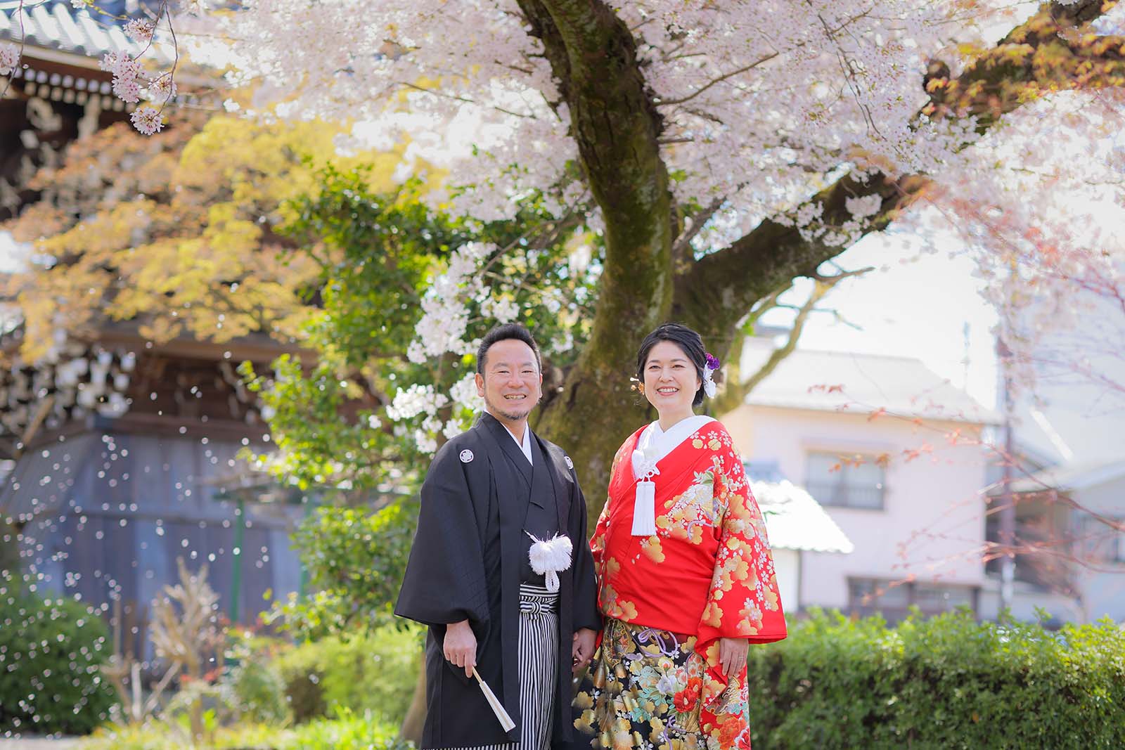 桜吹雪と笑顔で結婚10周年記念写真
